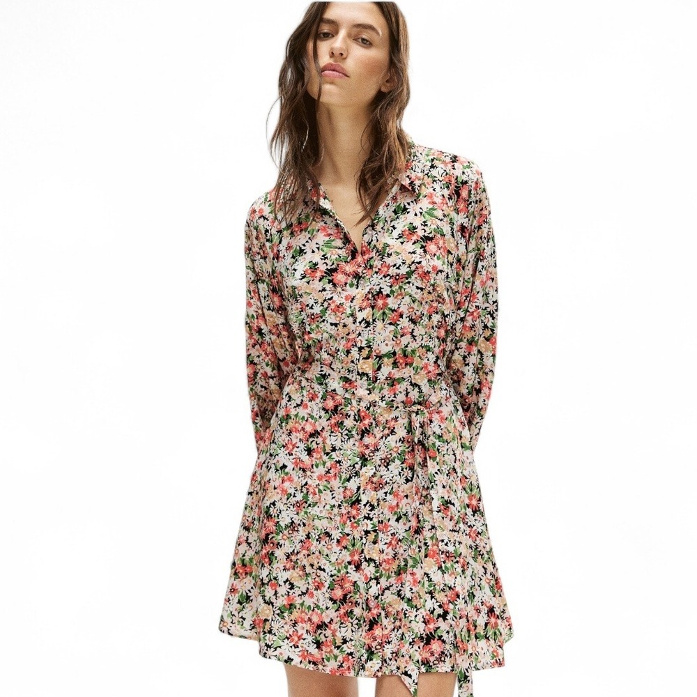 NEW H&M Floral Balloon‎ Sleeve Shirt Dress Sz S Coral Black Green Tie Waist NWT